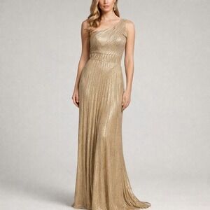 VA VA VOOM Gold Metallic One Shoulder Formal Gown Maxi Large Dress -2850